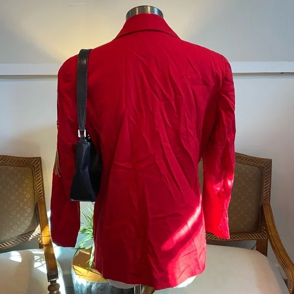 Vintage 80s Red Blazer with Gold Tassel Embroidery, Power Dressing, Women's LG - Picture 3 of 7